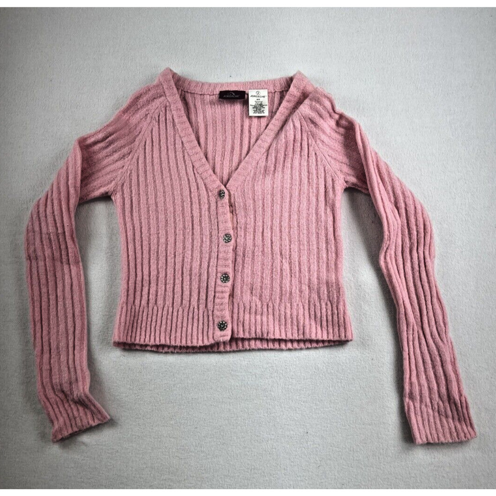 Vintage Y2K 90s Cardigan M Top Womens Pink Ribbed Cropped Long Sleeve Romantic
